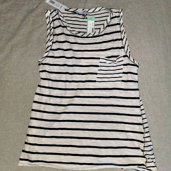 MICHAEL STARS KNIT TANK TOP SIZE MEDIUM OFF-WHITE WITH NAVY BLUE STRIPES - Picture 4 of 9